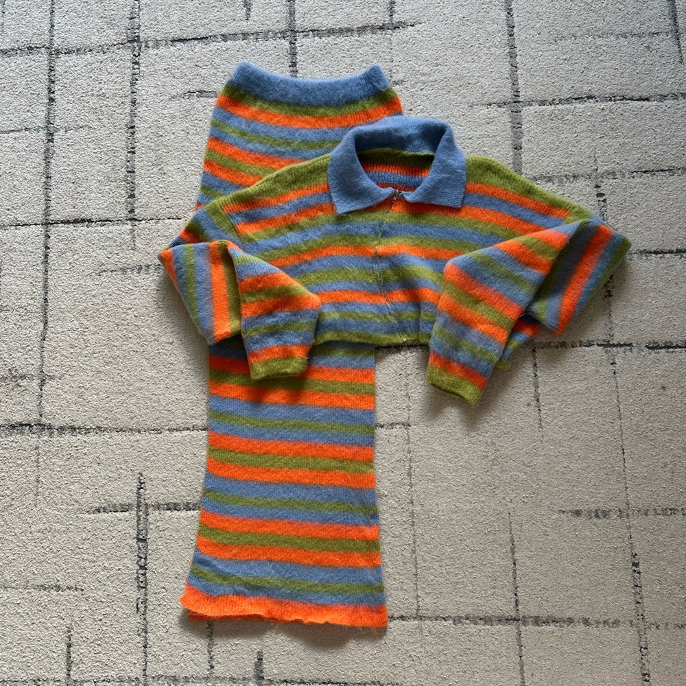 Fuzzy Striped Cropped Sweater and Skirt Set